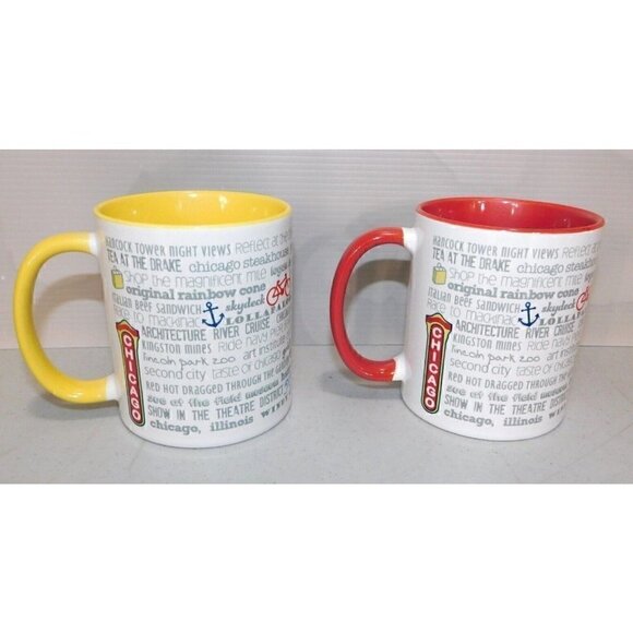 Chicago souvenir coffee cups, mugs, set of two, red & yellow, 12 ounces - Picture 1 of 4